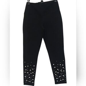 Athena Marie -Ladies Petite Black Pants,Faux Pearl Leg Embellishment,Lined Waist